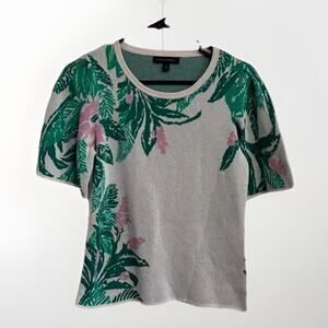 Banana Republic SM Gray Green Floral Tropical Jacquard Short Sleeve Knit Sweater